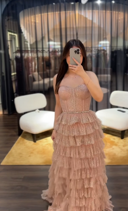 Fairy Sweetheart Neck Sheath Long Prom Dresses Glitter Tulle Dusty Pink Birthday Dresses ED05180