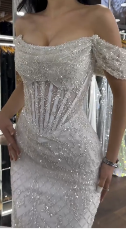 Elegant Off-shoulder Sheath White Long Prom Dresses Glitter Tulle Beaded White Evening Gowns ED05188