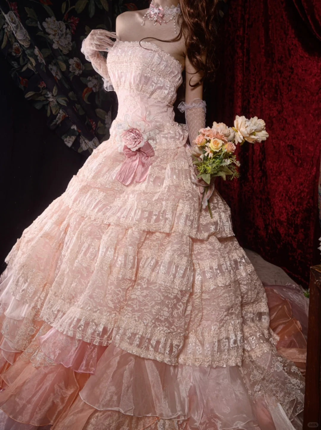 Fairy Strapless Ball Gown Long Prom Dresses Lace Tulle Pink Quinceanera Dresses Sweet 16 Dress ED05221