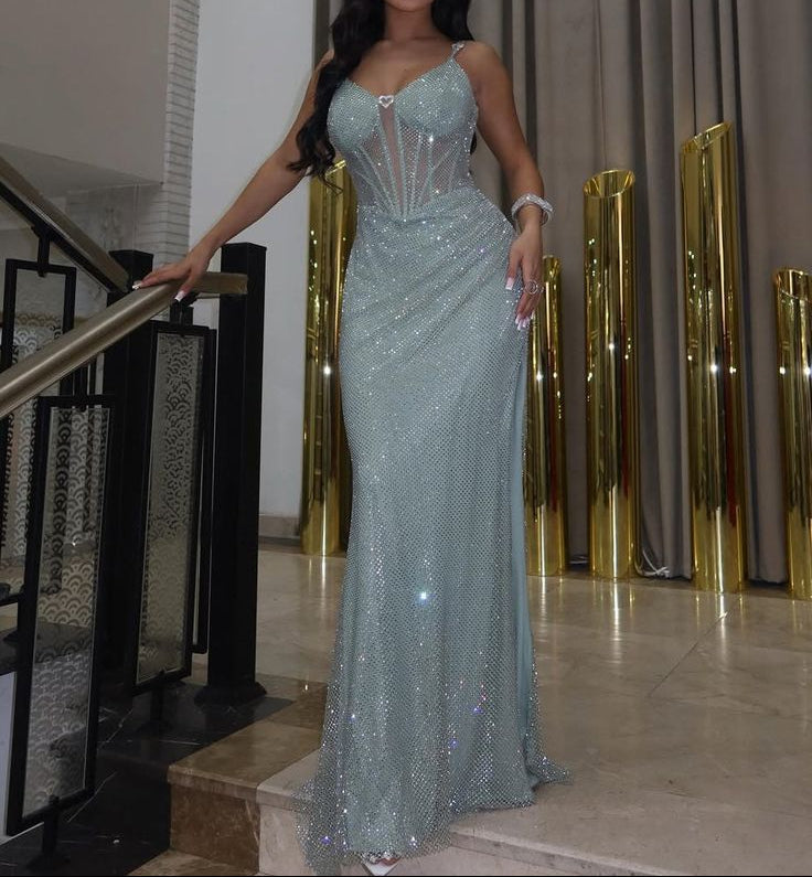 Elegant Spaghetti Straps Sheath Long Prom Dresses Glitter Tulle Formal Dresses ED05260