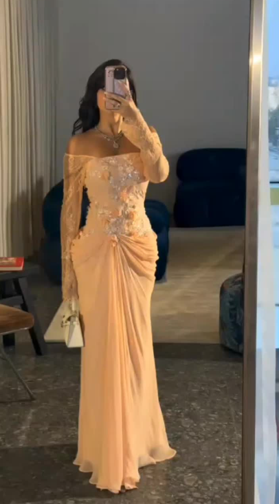 Glam Sheath Orange Long Prom Dresses Off-shoulder Chiffon Orange Wedding Guest Dresses ED05278