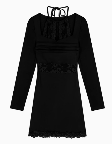 lace stitching slim fit long sleeve halter neck knitted dress HZ1024