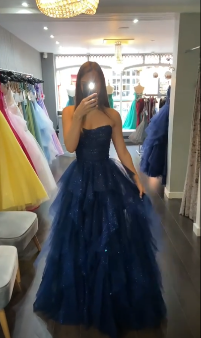 Fairy A-Line Long Prom Dresses Strapless Navy Blue Birthday Dresses Tulle Navy Blue Sweet 16 Dresses ED05339