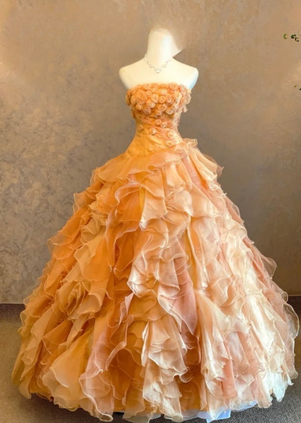 Cute Ball Gown Strapless Long Prom Dresses Tulle Flowers Orange Sweet 16 Dresses,Sleeveless Orange Birthday Dresses ED05360