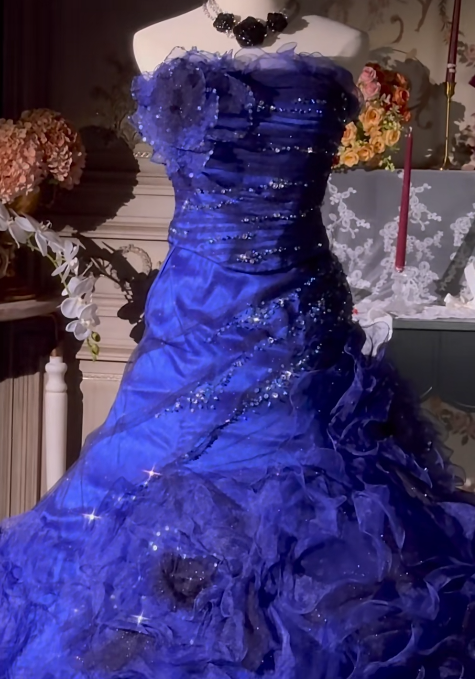 Cute Strapless Ball Gown Long Prom Dresses Tulle Blue Quinceanera Dresses Sweet 16 Dresses ED05363