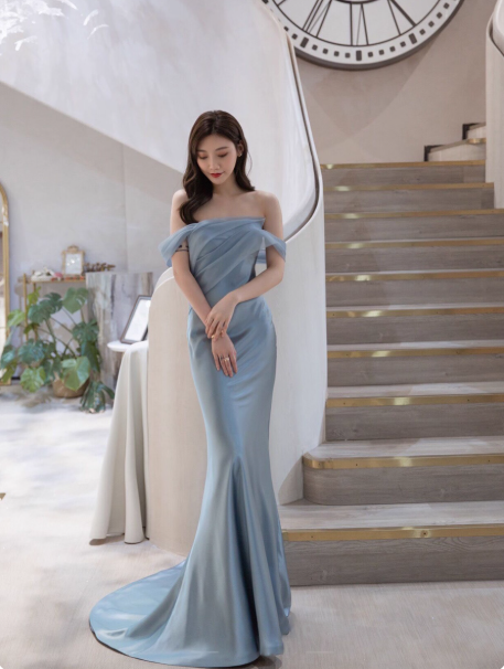 Elegant Off-shoulder Mermaid Long Prom Dresses Satin Birthday Dresses Blue Formal Dresses ED05374