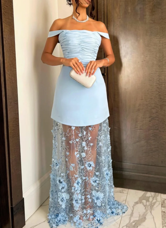 Elegant Sheath Prom Dresses Off-shoulder Pale Blue Wedding Guest Dresses Beaded Sleeveless Formal Dresses ED05382