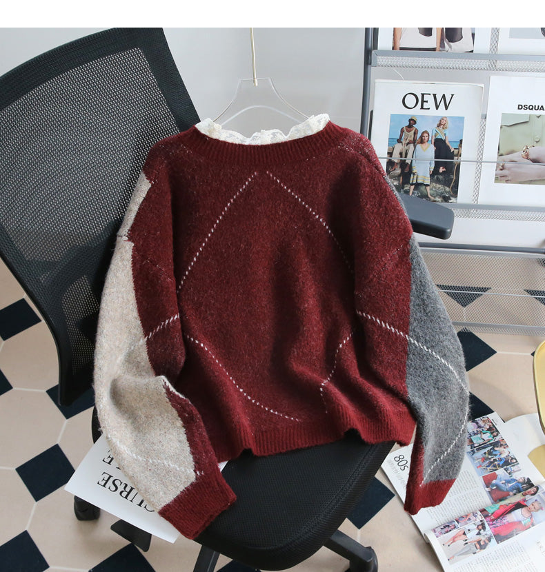 contrast lace patchwork long-sleeved sweater HZ1024