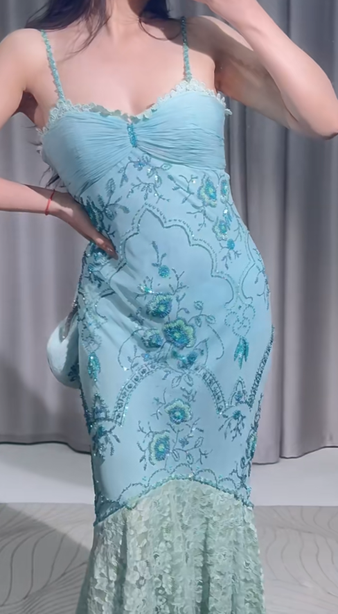 Vintage Mermaid Prom Dress Spaghetti Straps Beaded Lace Sleeveless Formal Dresses Blue Long Evening Dresses ED05394