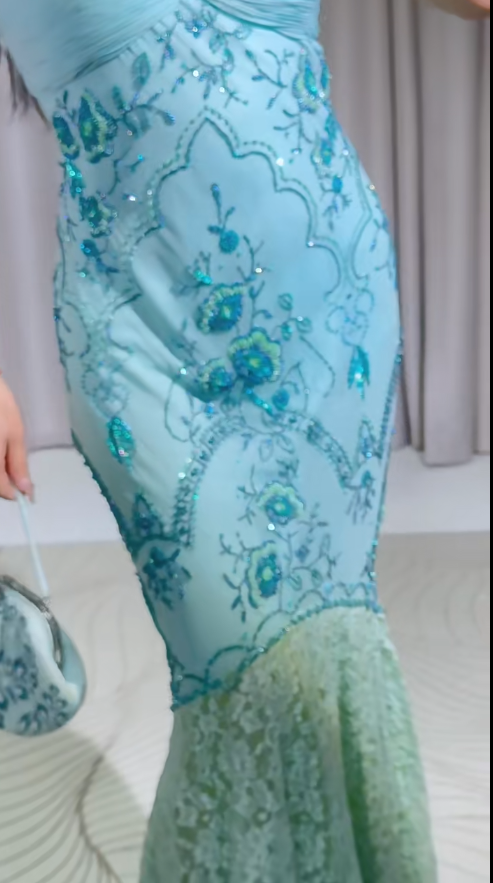Vintage Mermaid Prom Dress Spaghetti Straps Beaded Lace Sleeveless Formal Dresses Blue Long Evening Dresses ED05394