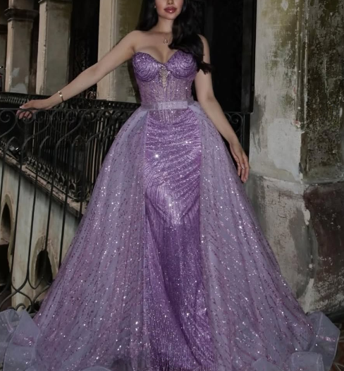 Glitter Sheath Long Prom Dress Sweetheart Neck Seuqins Tulle Formal Dresses Purple Evening Dresses ED05397