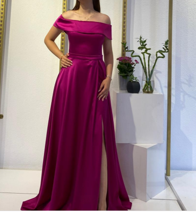 Chic Sheath Long Prom Dress Off-shoulder Satin Formal Dresses Fuchisa Evening Dresses with Slits ED05398