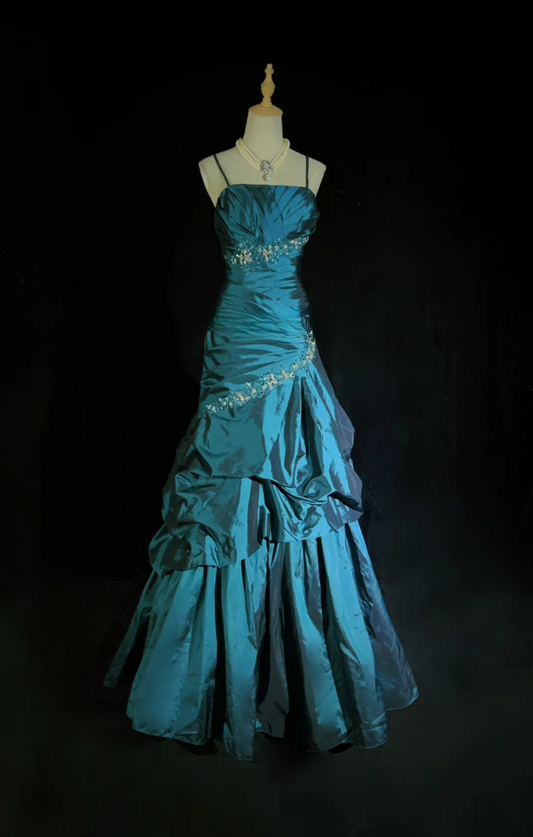 Fairy A-Line Teal Long Prom Dress, Spaghetti Straps Satin Beaded Formal Dresses Teal Evening Dresses ED05408