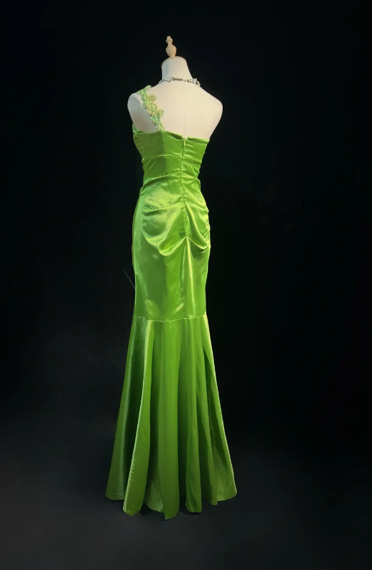 Fairy Green Long Birthday Dresses Sheath Prom Dress, One-shoulder Satin Sleeves Evening Dresses ED05415