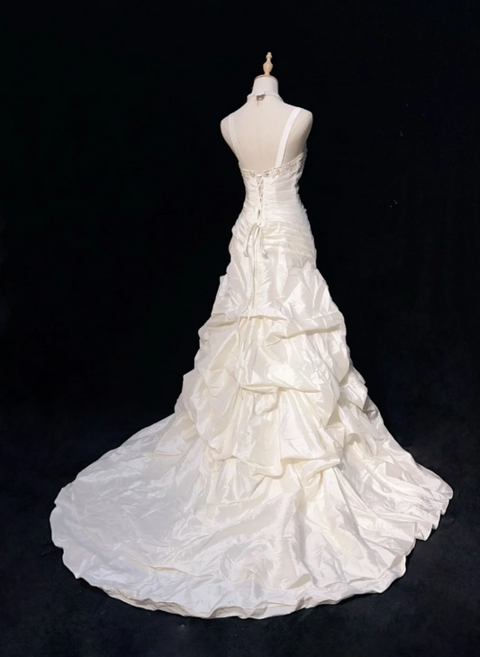 Vintage Sheath Long Wedding Dresses Spaghetti Straps Satin White Bridal Gowns Sleeveless Bridal Dresses ED05433