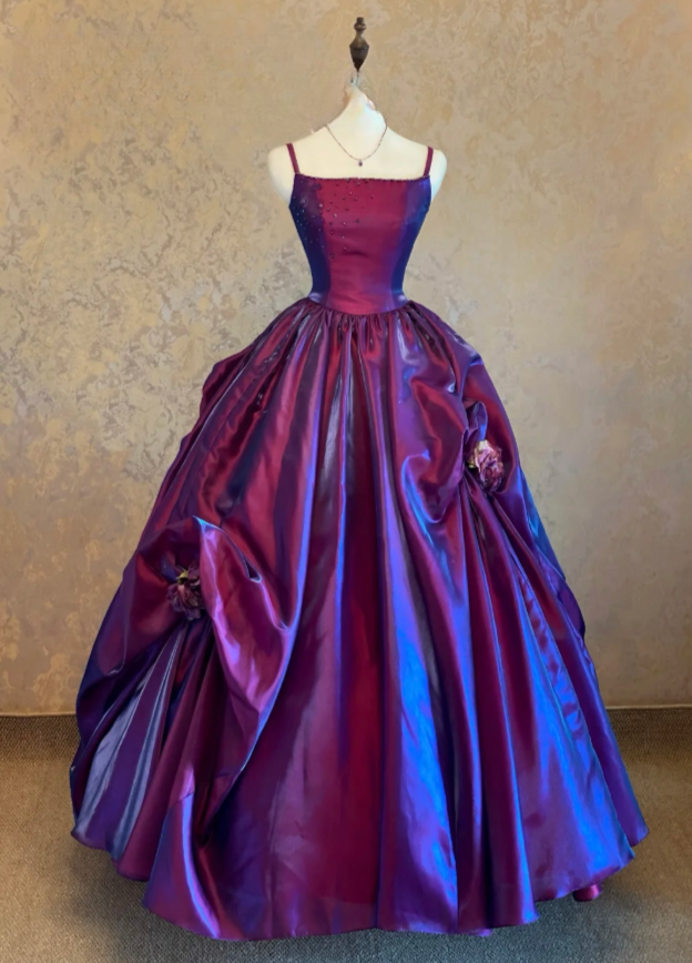 Elegant A-Line Purple Long Prom Dresses Spaghetti Straps Purple Formal Dresses Satin Evening Dresses ED05467