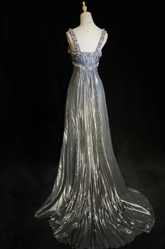 Chic A-Line Silver Grey Long Prom Dresses Straps Silver Grey Formal Dresses Beaded Satin Evening Dresses ED05476