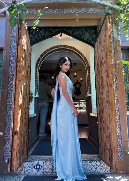 Elegant Sheath Blue Bridesmaid Dresses Satin V-neck Evening Dresses ED05479