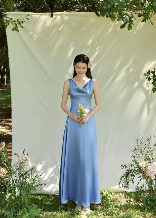 Elegant Sheath Blue Bridesmaid Dresses Satin Sleeveless Evening Dresses ED05481