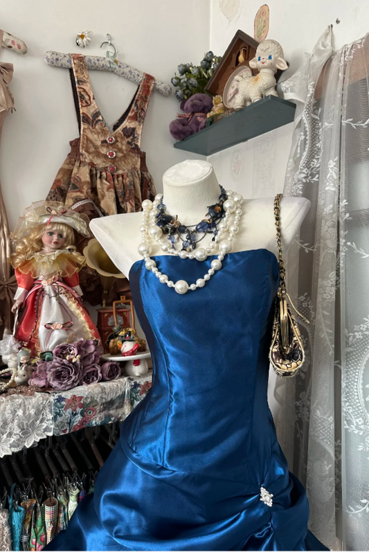 Vintage Sheath Blue Short Prom Dresses Satin Strapless Birthday Dresses Sleeveless Party Dresses ED05499