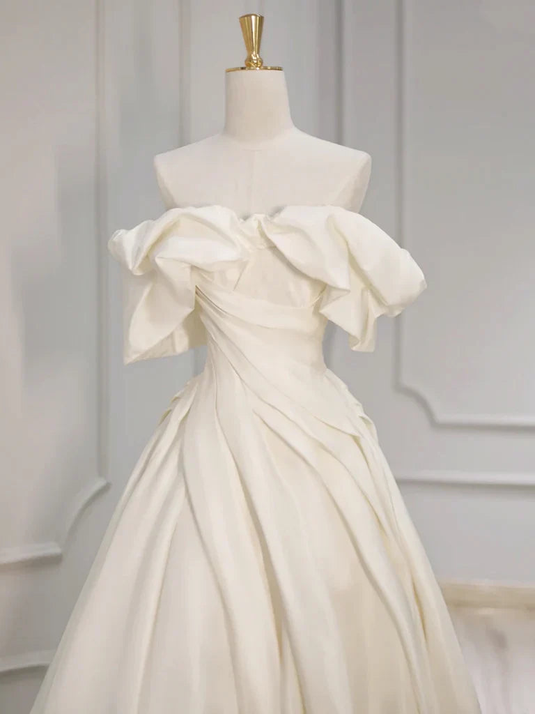 Off Shoulder A-Line Satin Beige Long Prom Dress, Beige Long Formal Dress ED055