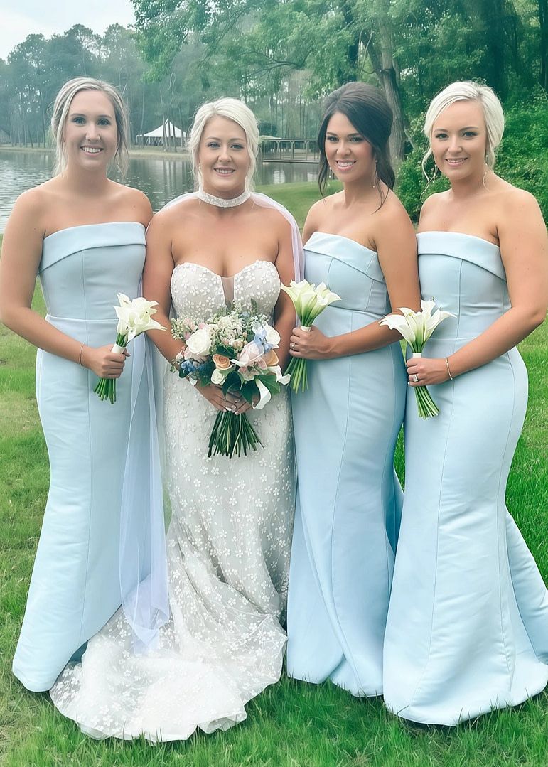 Chic Sheath Strapless Long Evening Dresses Satin Pale Blue Bridesmaid Dresses ED05525