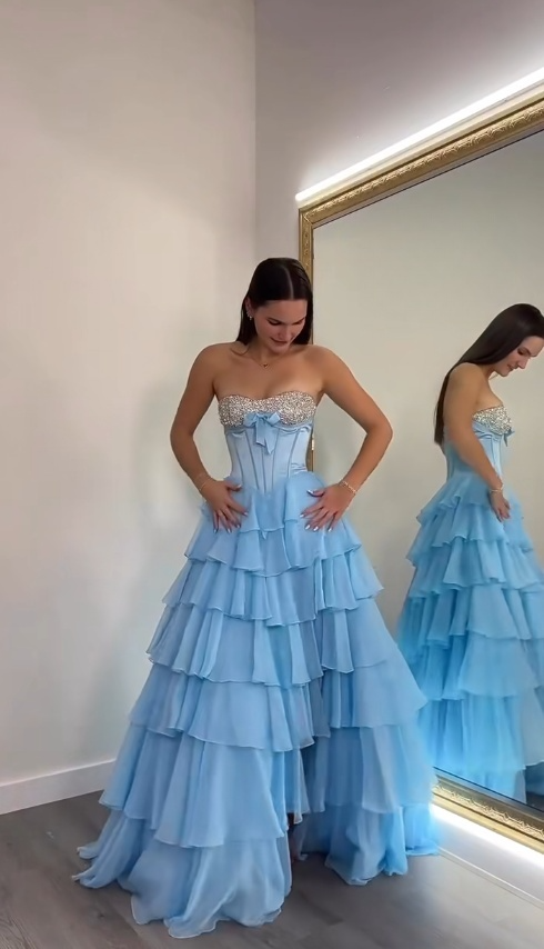 Fairy Strapless A-Line Long Prom Dresses Chiffon Blue Evening Dresses Sleeveless Party Dresses ED05533