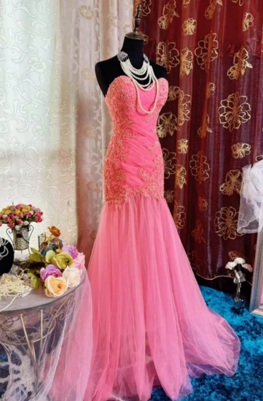 Gorgeous Sweetheart Mermaid Long Prom Dresses Tulle Applique Pink Evening Gowns Sleeveless Birthday Dresses ED05547