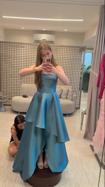 Chic Strapless A-Line Long Prom Dresses Satin Blue Evening Gowns Sleeveless Formal Dresses ED05579