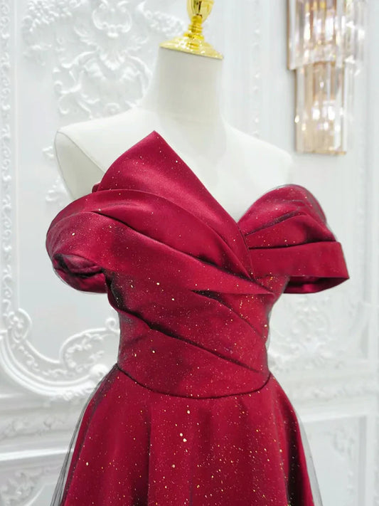 A-Line Off Shoulder Satin Tulle Burgundy Long Prom Dress ED056
