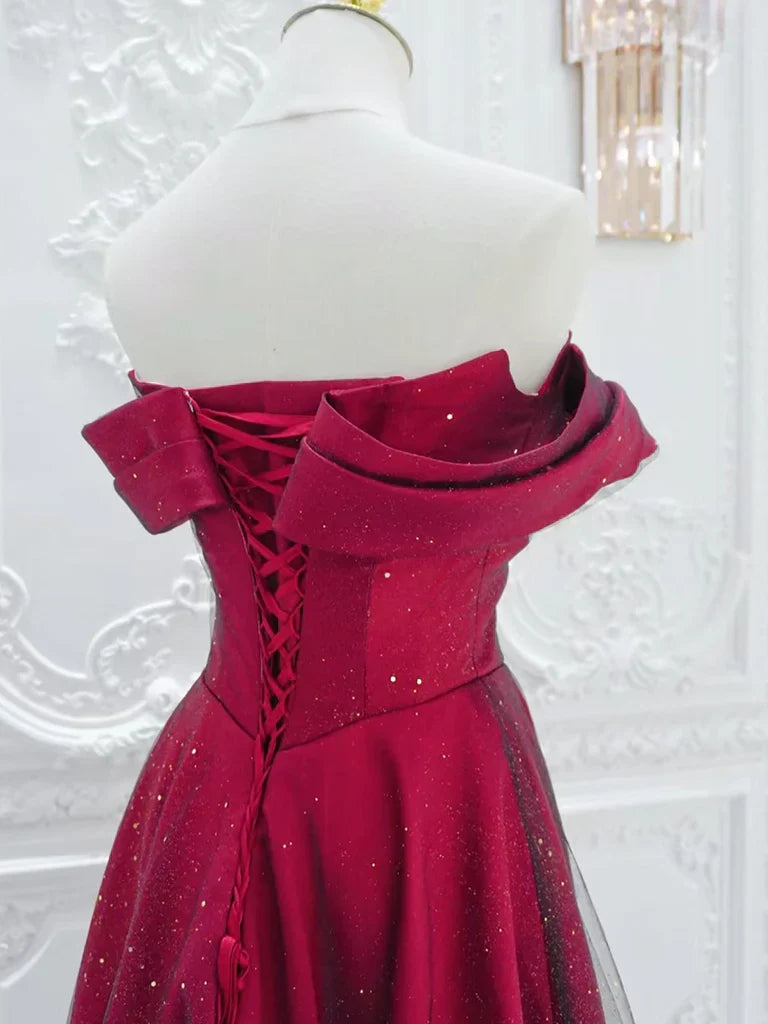 A-Line Off Shoulder Satin Tulle Burgundy Long Prom Dress ED056