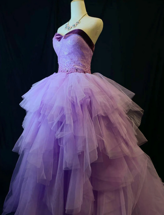 Cute Strapless A-Line Long Prom Dresses, Tulle Purple Quinceanera Dresses Sleeveless Sweet 16 Dresses ED05603