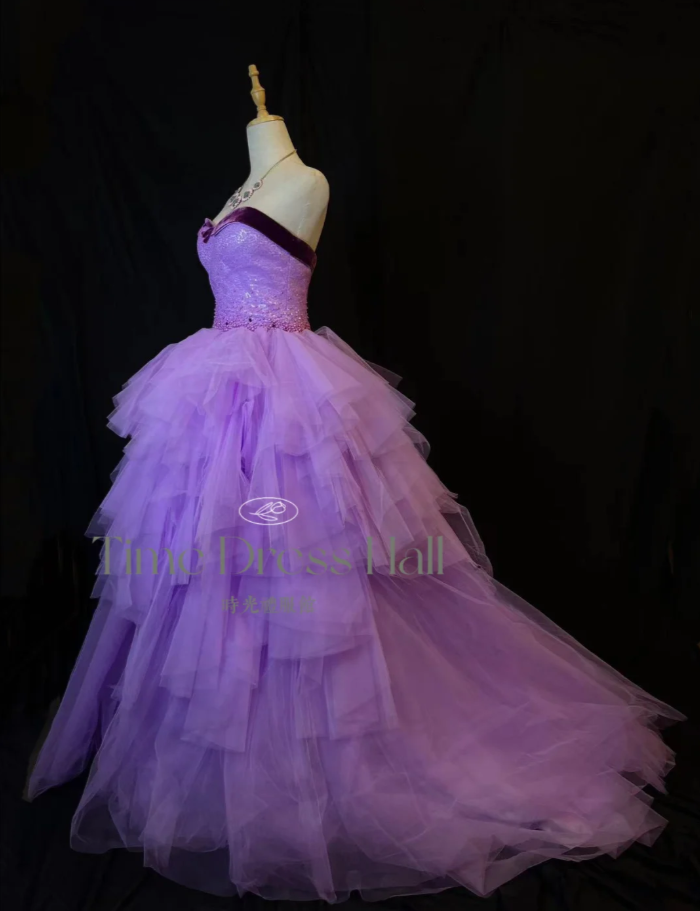 Cute Strapless A-Line Long Prom Dresses, Tulle Purple Quinceanera Dresses Sleeveless Sweet 16 Dresses ED05603