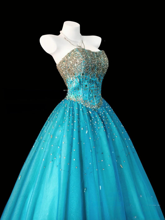 Cute Strapless A-Line Long Prom Dresses, Tulle Blue Quinceanera Dresses Sleeveless Sweet 16 Dresses ED05604
