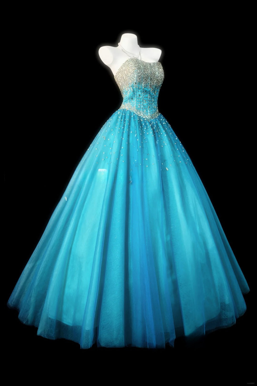 Cute Strapless A-Line Long Prom Dresses, Tulle Blue Quinceanera Dresses Sleeveless Sweet 16 Dresses ED05604