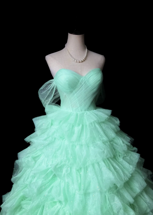 Fairy Sweetheart A-Line Long Prom Dresses, Tulle Mint Green Birthday Dresses Sleeveless Sweet 16 Dresses ED05608