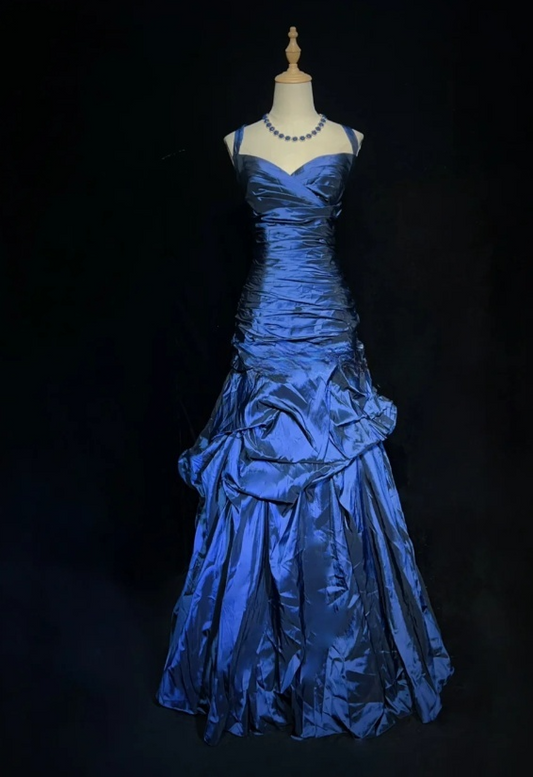 Gorgeous Straps Sheath Long Prom Dresses Satin Navy Blue Evening Dresses Sleeveless Birthday Dresses ED05627