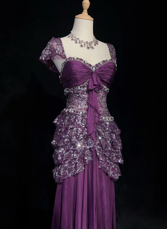 Gorgeous Sheath Long Prom Dresses Sequins Chiffon Purple Evening Dresses Short Sleeves Purple Birthday Dresses ED05629
