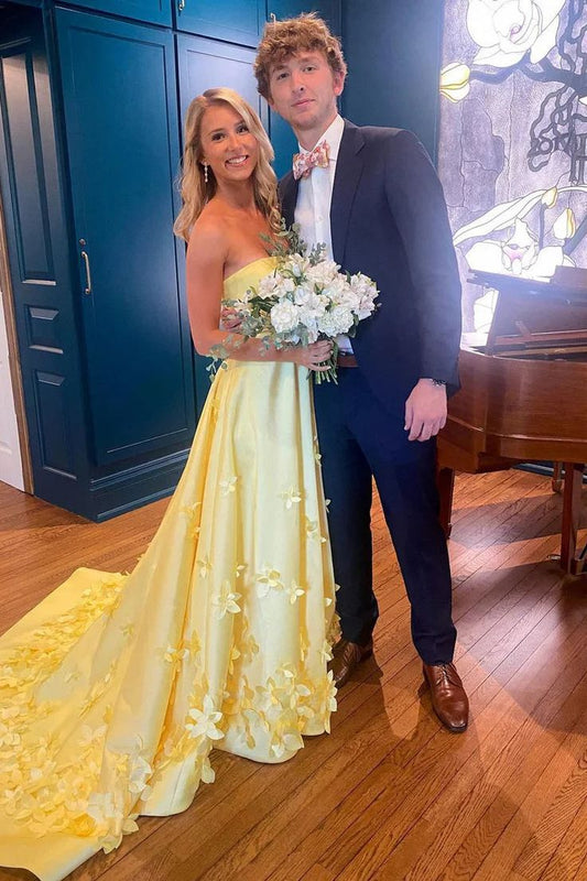Chic Strapless A-Line Long Prom Dresses Applique Satin Yellow Evening Dresses Sleeveless Yellow Birthday Dresses ED05636
