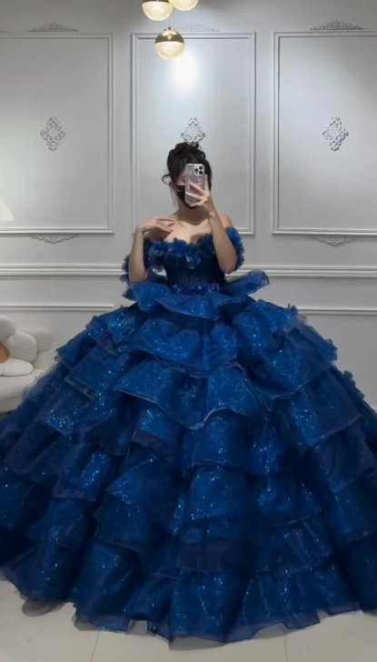Fairy Off-shoulder A-line Long Prom Dresses Tulle Blue Quinceanera Dresses Sleeveless Sweet 16 Dresses ED05643