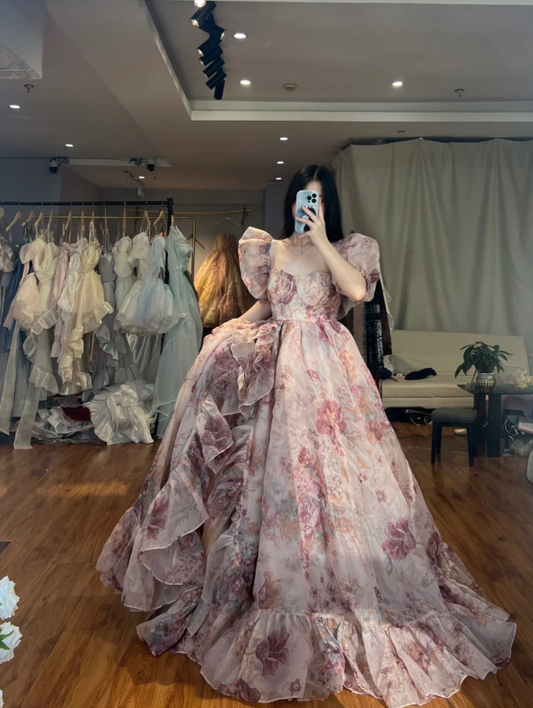 Chic Square Neck A-line Long Prom Dresses Floral Tulle Pink Evening Dresses Sleeveless Pink Birthday Dresses ED05645