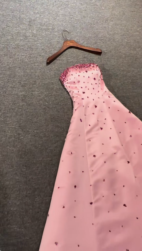 Chic Strapless A-Line Long Prom Dresses Beaded Satin Pink Birthday Dresses Sleeveless Pink Formal Dresses ED05654
