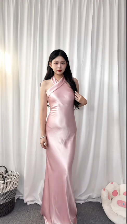 Chic Halter Sheath Long Prom Dresses Satin Pink Wedding Guest Dresses Pink Bridesmaid Dresses ED05658
