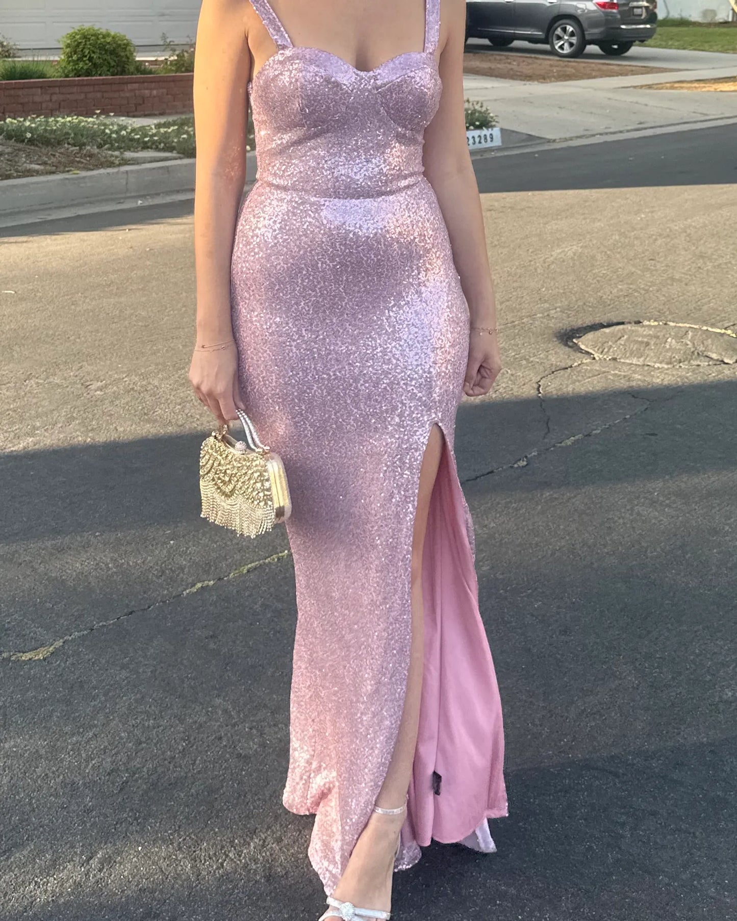 Sexy Spaghetti Straps Sheath Long Prom Dresses Sequins Pink Evening Dresses with Slit Sleeveless Pink Christmas Dresses ED05671