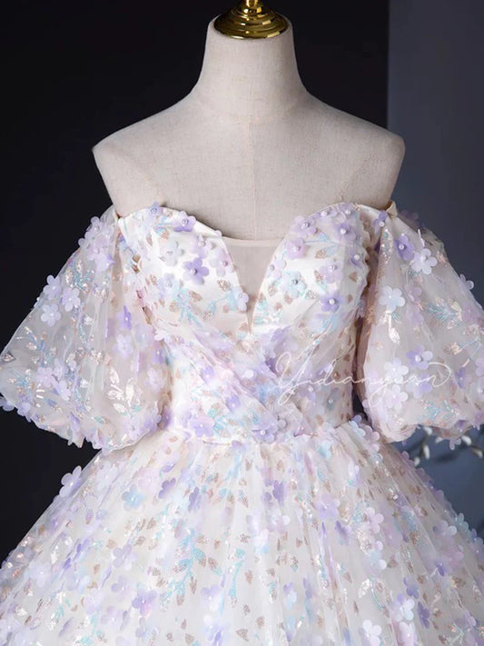 A-Line Sweetheart Neck Tulle Lace Light Purple Long Prom Dress ED057