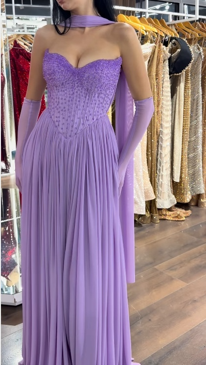 Purple A-Line Long Prom Dresses Gorgeous Sweetheart Chiffon Beaded Evening Dresses Sleeveless Formal Dresses ED05707