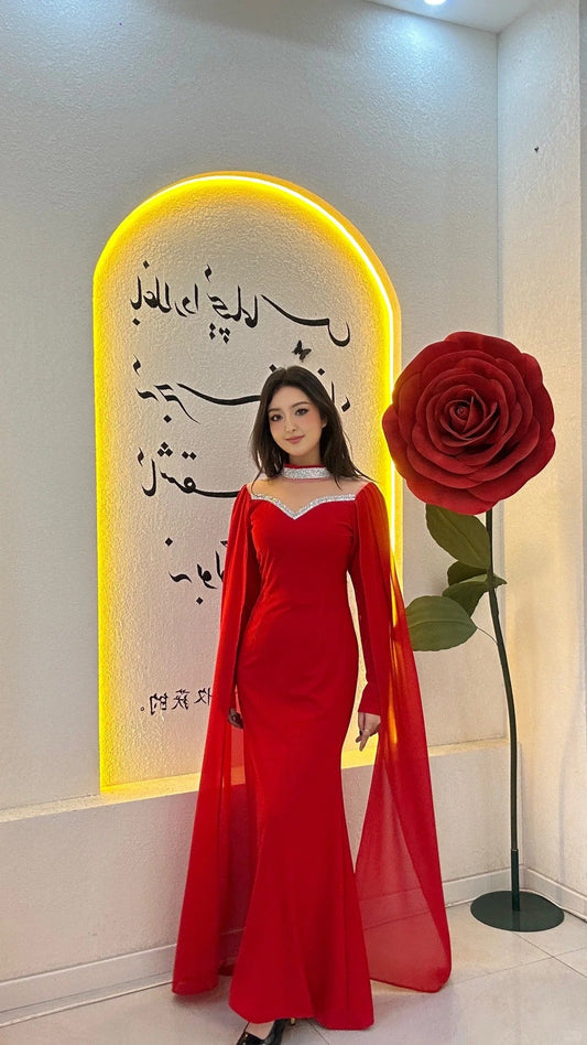 Elegant Sheath Red Long Prom Dresses Chiffon Long Sleeves Wedding Guest Dresses ED05712