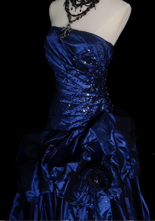 Gorgeous Navy Blue Sheath Long Prom Dresses Strapless Evening Dresses SatinSleeveless Formal Dresses ED05727