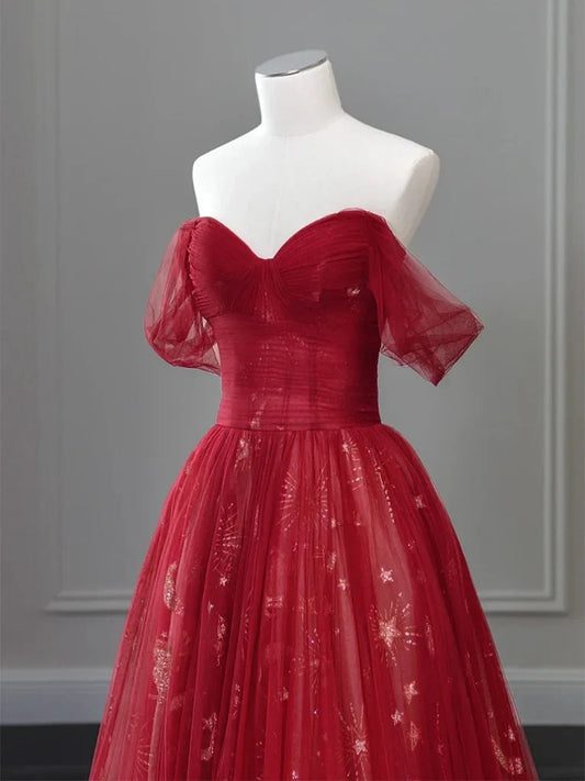 A-Line Off Shoulder Tulle Lace Burgundy Long Prom Dress ED0573