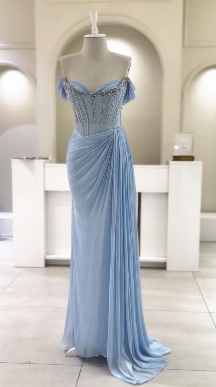 Glam Sheath Blue Long Prom Dresses Chiffon Beaded Off-shoulder Evening Dresses Sleeveless Birthday Dresses ED05748